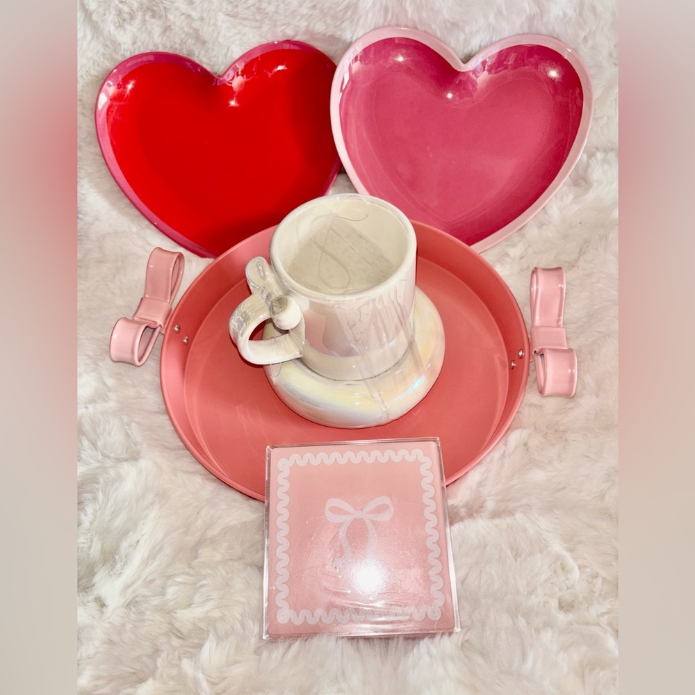 Pink Metal Tray &  Iridescent Bow mug  Ceramic & Heart plates & Bow Coaster Set